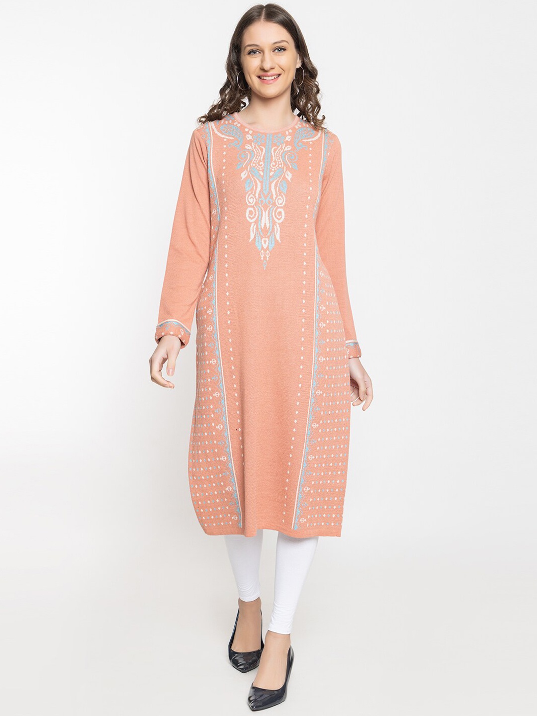 

KEIKO Ethnic Motifs Woven Design Long Sleeve Acrylic Straight Kurta, Peach