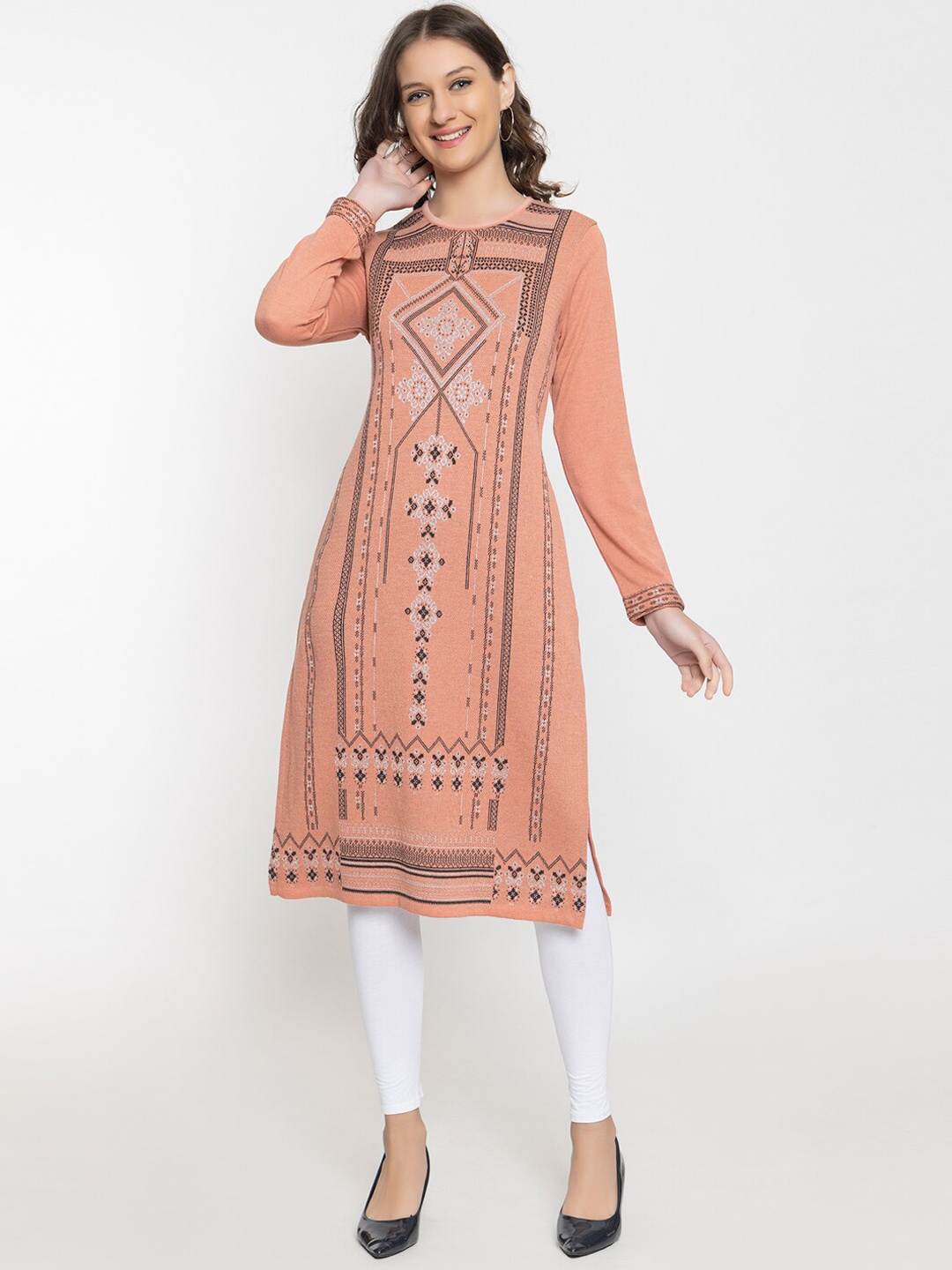 

KEIKO Woven Design Round Neck Acrylic Kurta, Peach