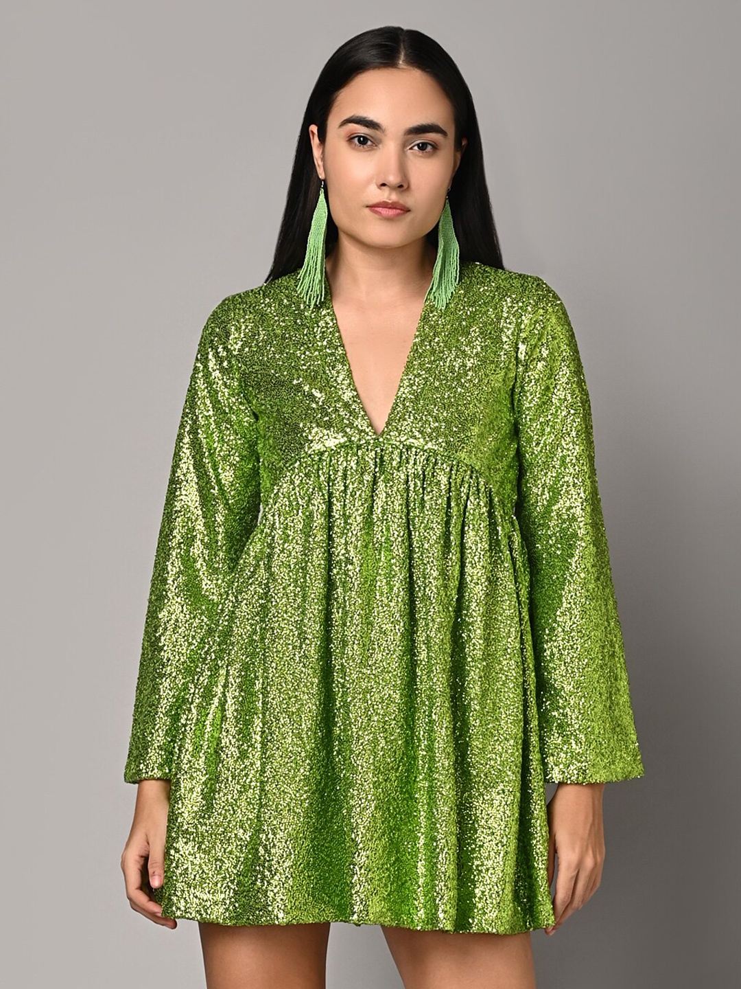 

Justin Whyte Embellished V-Neck Sequined Detail A-Line Dress, Lime green