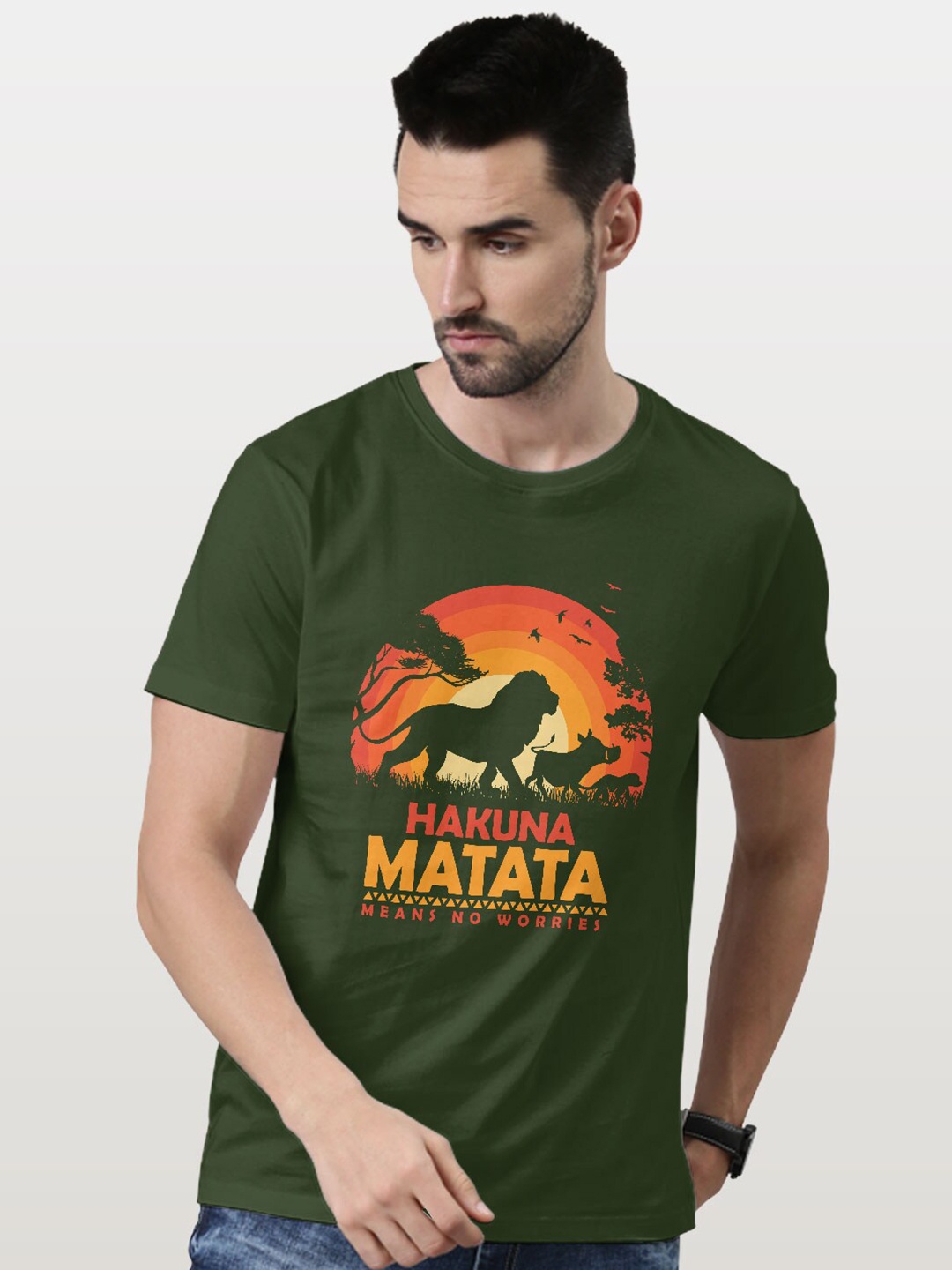 

macmerise Lion King Printed Bio Finish Cotton Casual T-shirt, Olive