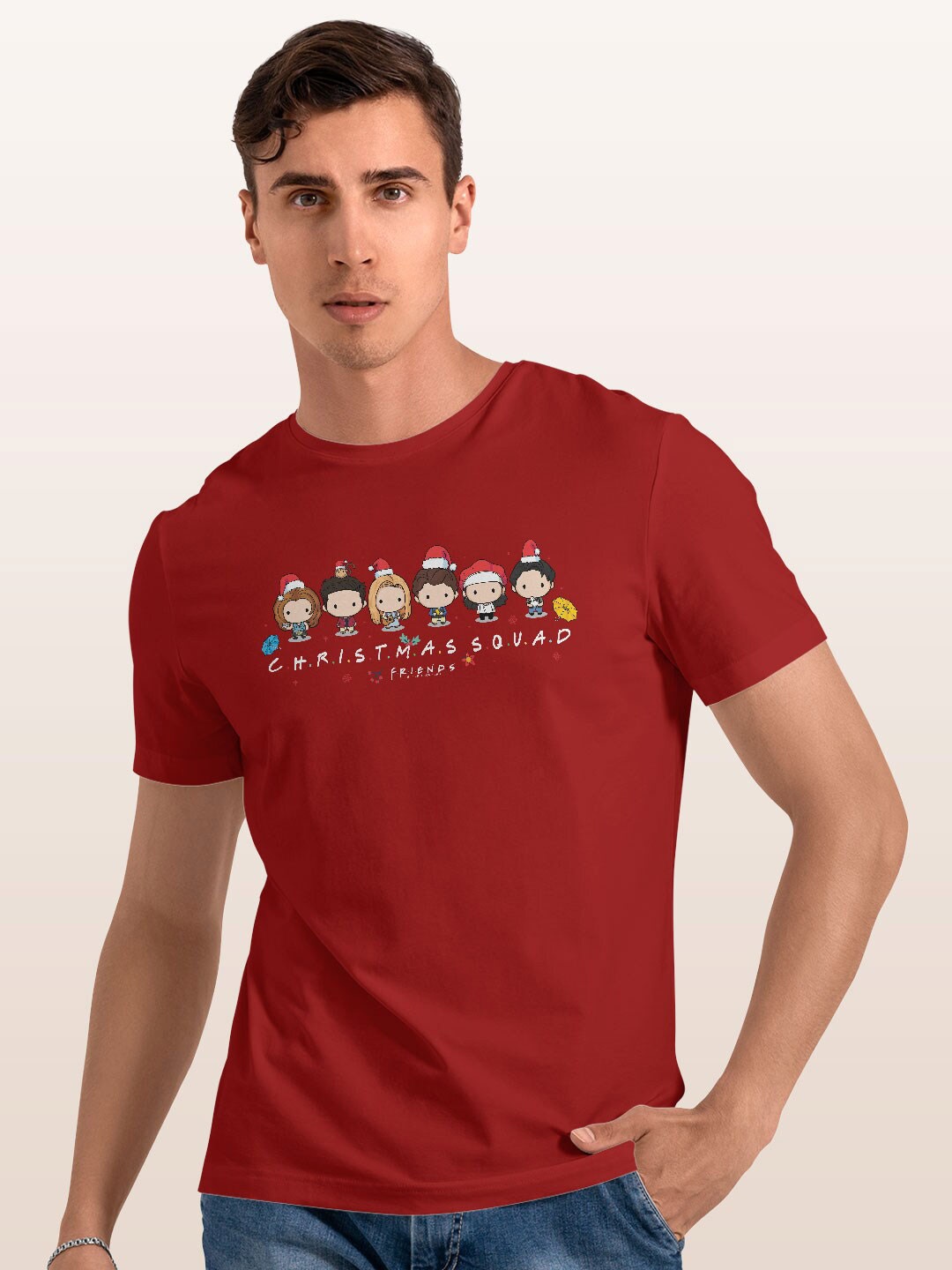 macmerise Friends Printed Round Neck Bio Finish Cotton T-shirt, Red
