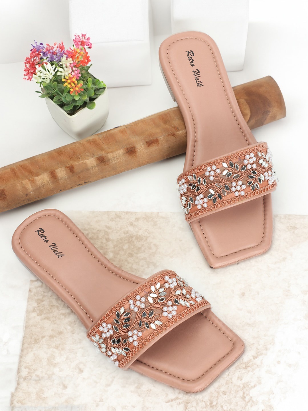 

Retro Walk Embroidered Embellished Open Toe Flats, Peach