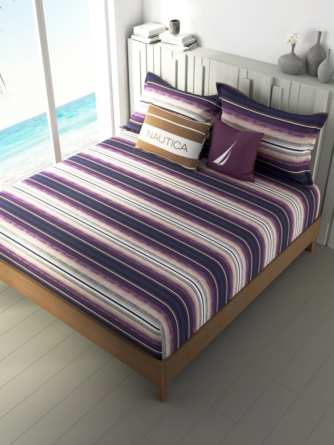 

Nautica Ocean View Purple & White Striped Cotton 160 TC King Bedsheet With 2 Pillow Covers