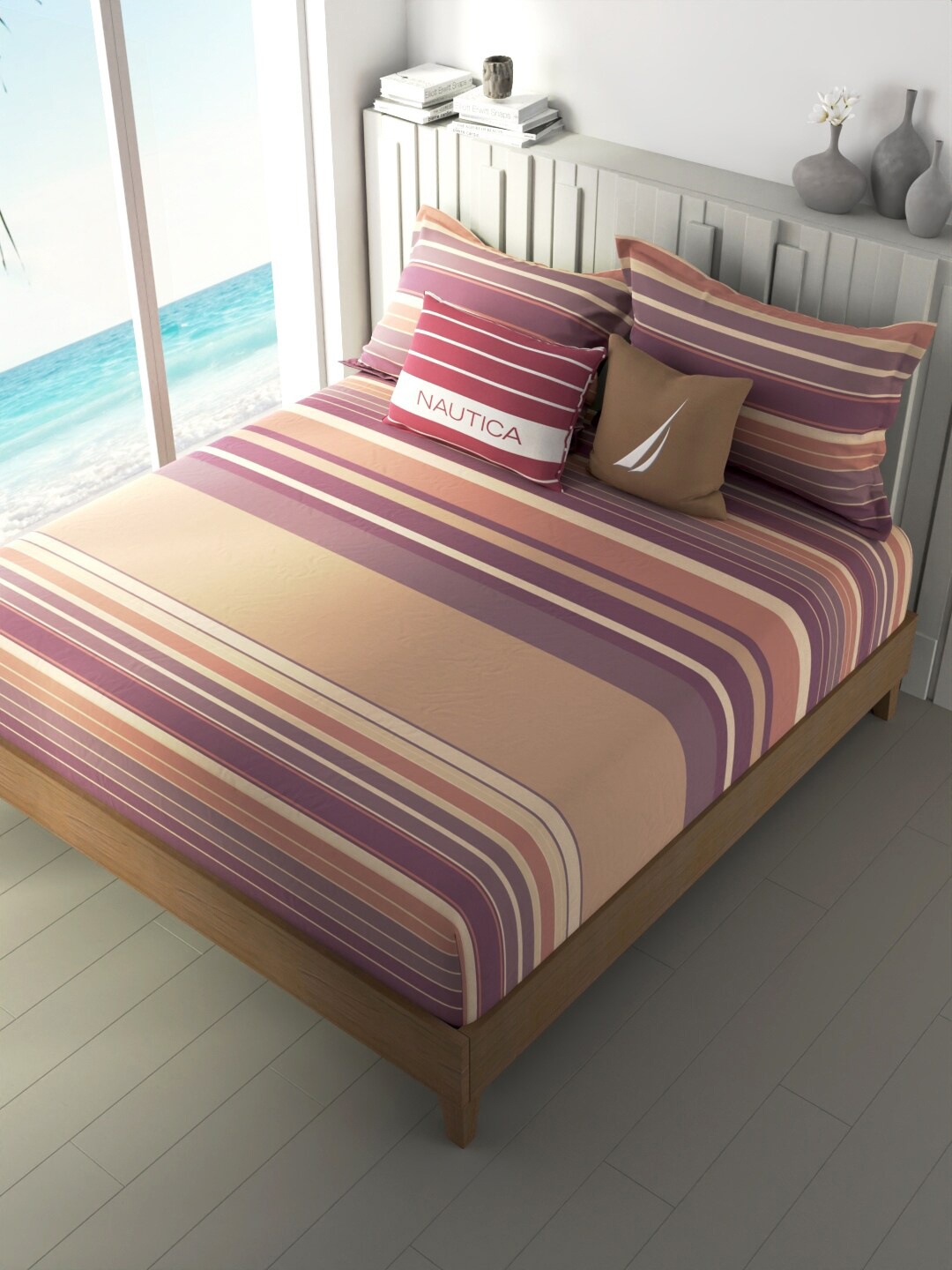 

Nautica Ocean View Beige & White Striped Cotton 160 TC King Bedsheet & 2 Pillow Covers