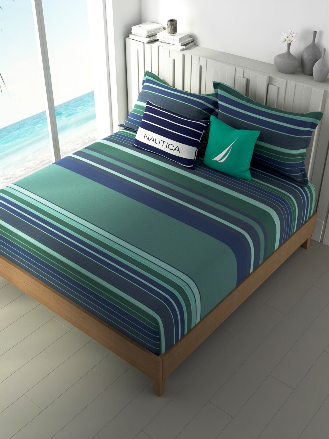 

Nautica Ocean View Green Striped Cotton 160 TC Fitted King Bedsheet with 2 Pillow Covers, Blue