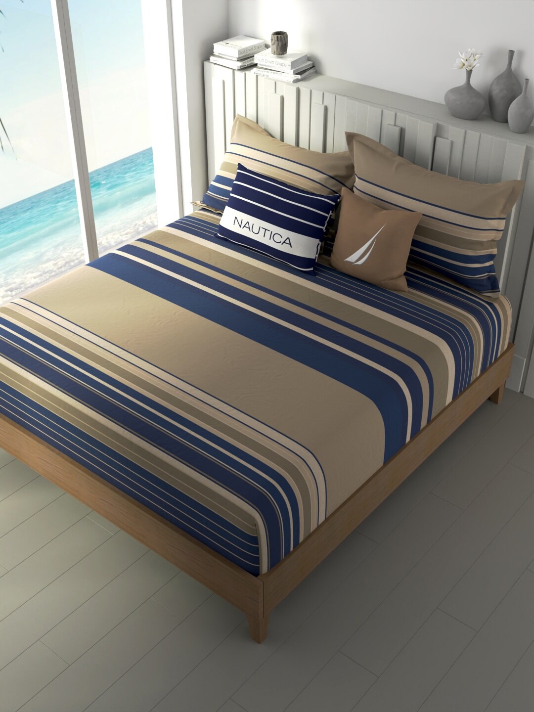 

Nautica Ocean View Blue Striped Cotton 160 TC Fitted King Bedsheet With 2 Pillow Covers