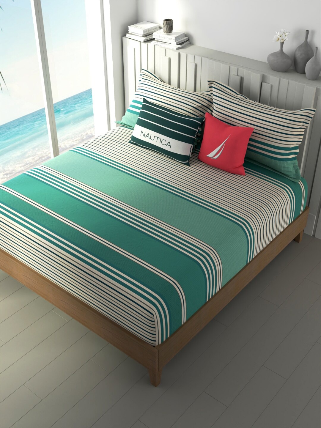 

Nautica Ocean View Green Striped Cotton 160 TC Fitted King Bedsheet with 2 Pillow Covers