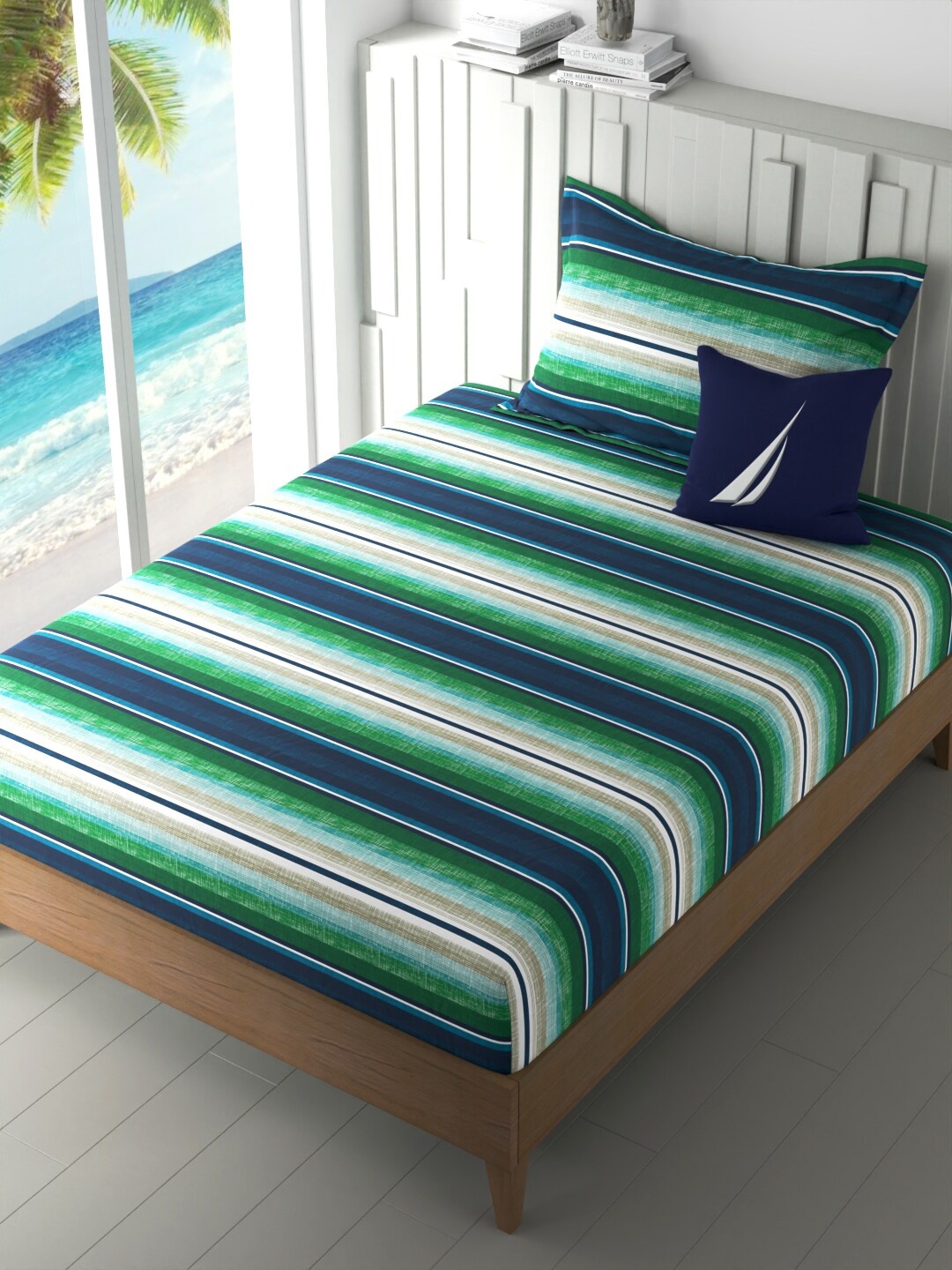 

Nautica Ocean View Blue & Green Striped Cotton 160 TC Single Bedsheet With 1 Pillow Cover