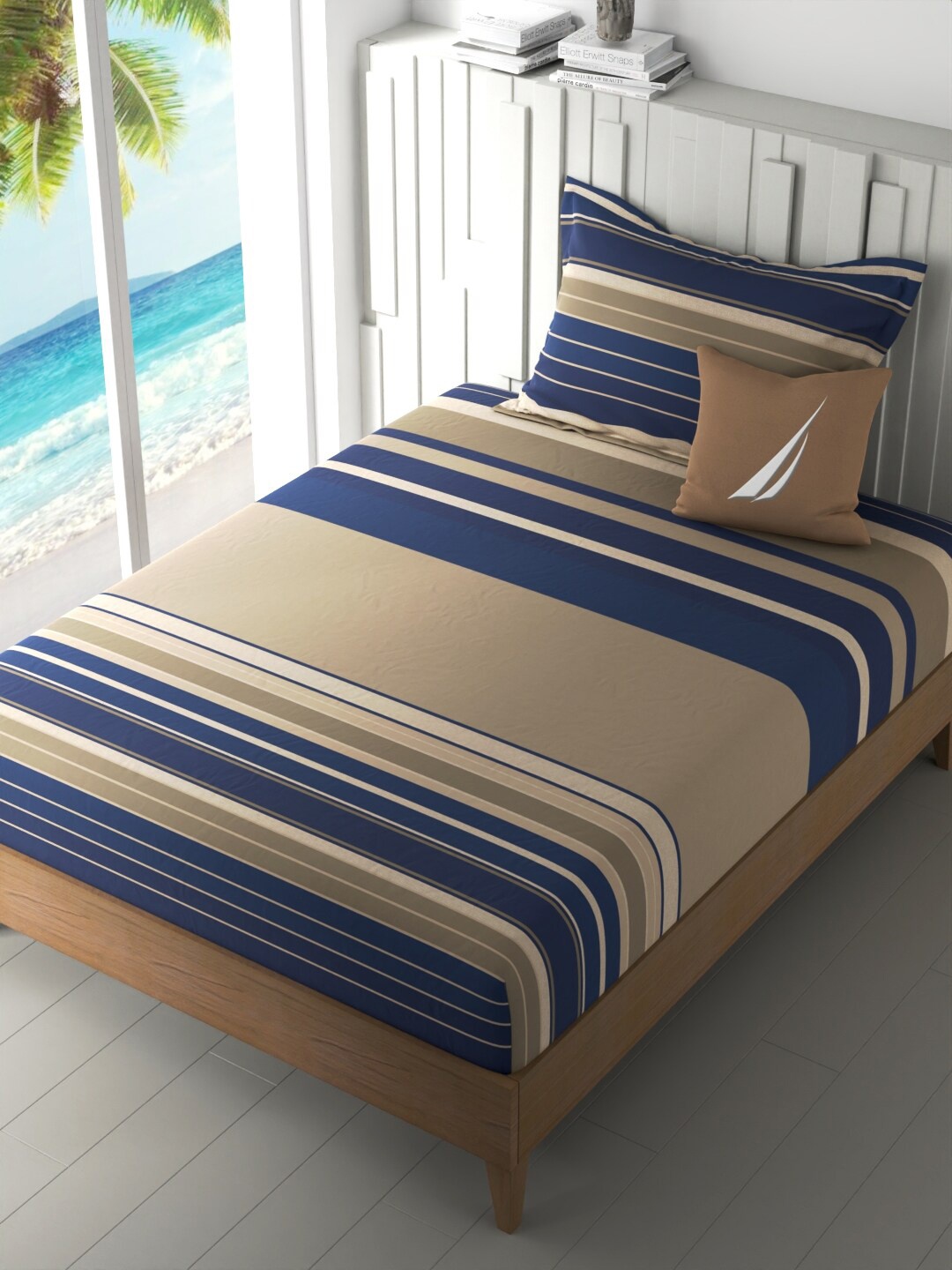 

Nautica Ocean View Beige & Blue Pure Cotton 160 TC Single Bedsheet with 1 Pillow Cover