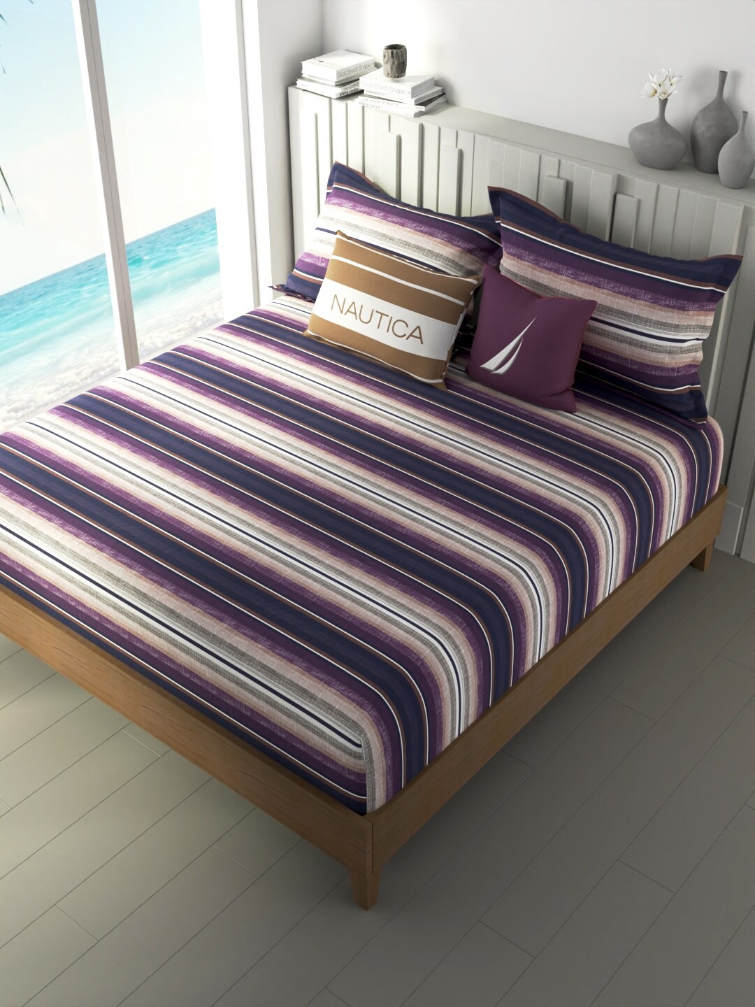 

Nautica Purple & White Striped Pure Cotton 160 TC Fitted King Bedsheet & 2 Pillow Covers