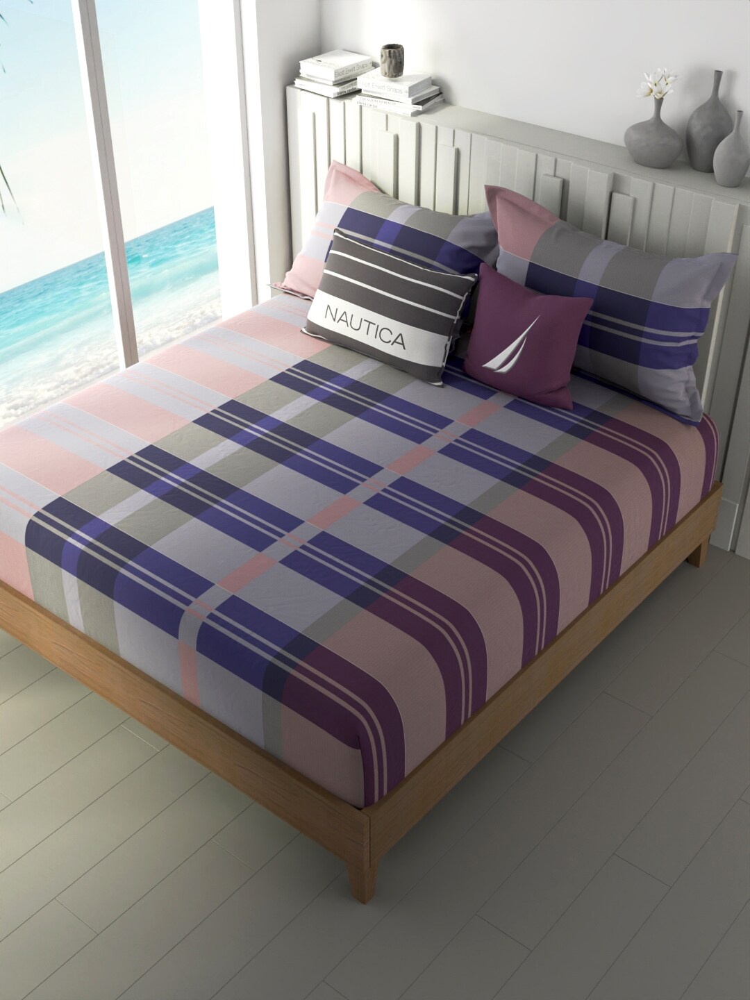 

Nautica Ocean View Purple Geometric Cotton 160 TC Fitted King Bedsheet & 2 Pillow Covers