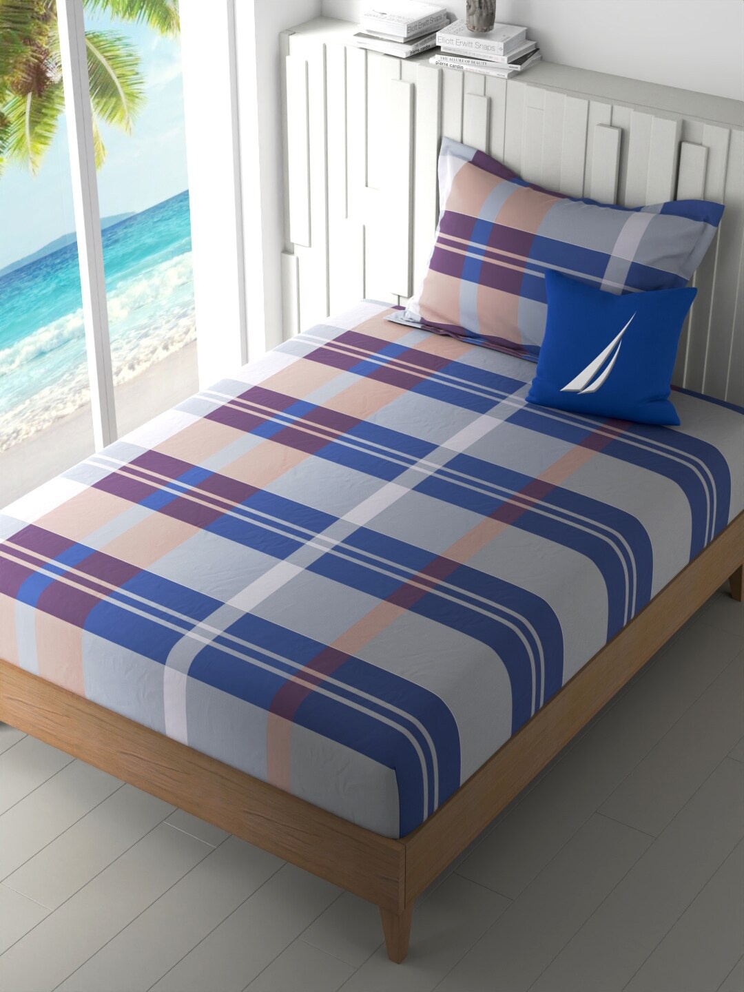 

Nautica Ocean View Blue & White Geometric Cotton 160 TC Single Bedsheet & 1 Pillow Cover