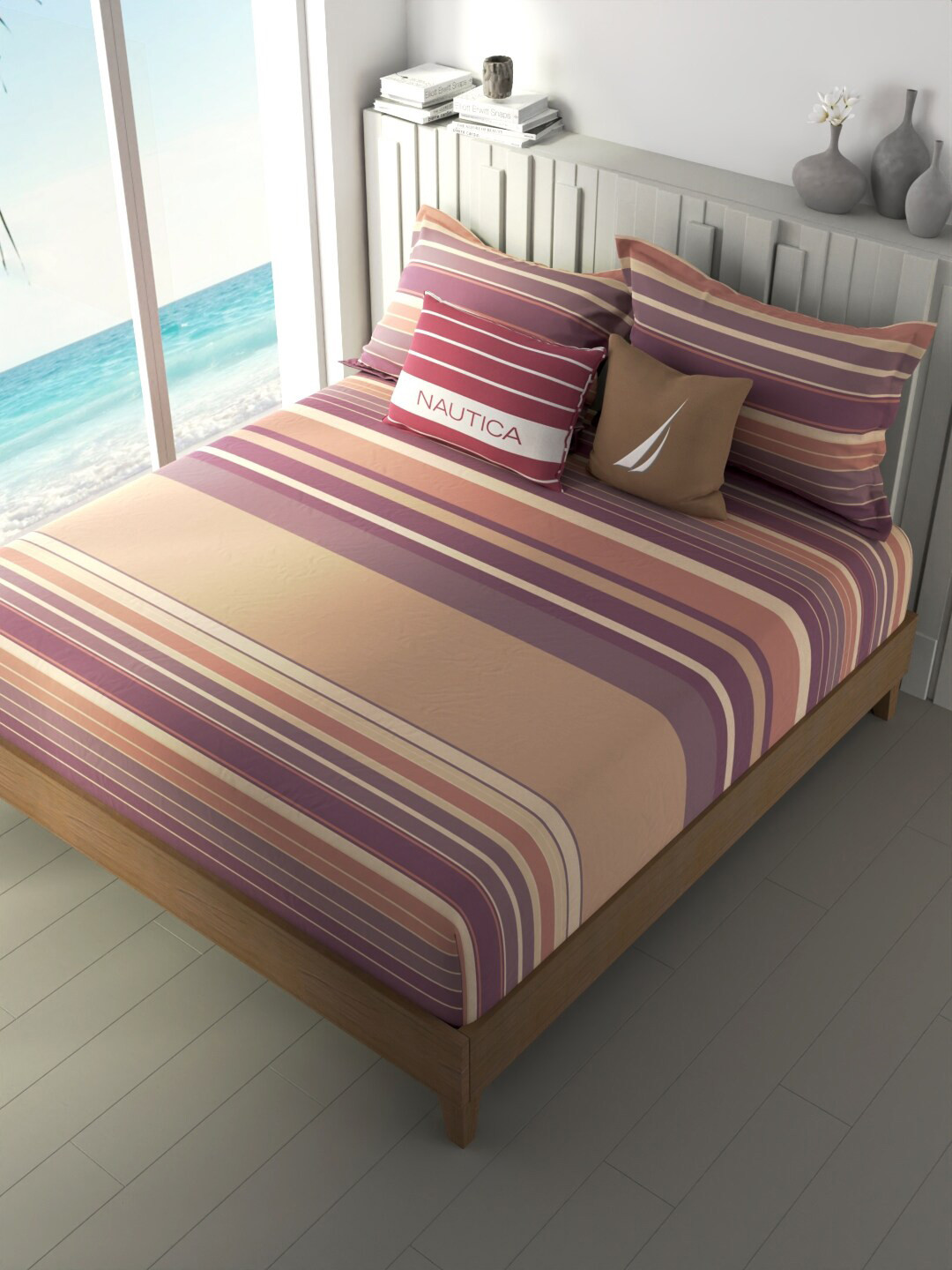 

Nautica Beige & White Striped Pure Cotton 160 TC Fitted King Bedsheet with 2 Pillow Covers