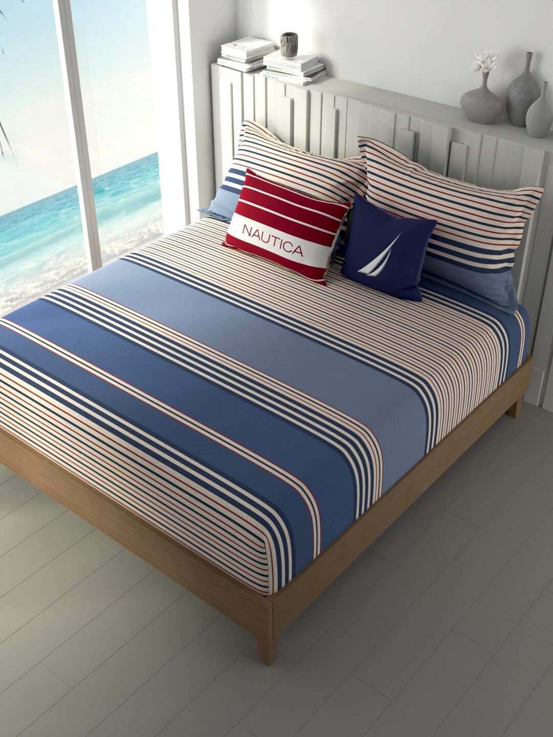 

Nautica Ocean View Blue & White Striped Cotton 160 TC King Bedsheet With 2 Pillow Covers