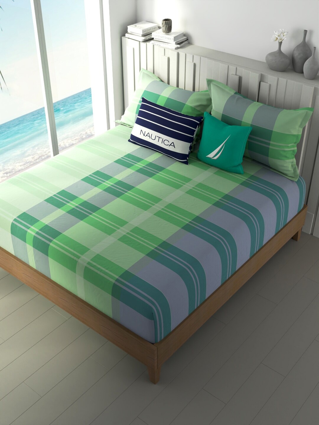 

Nautica Ocean View Green & Grey Pure Cotton 160 TC King Bedsheet with 2 Pillow Covers