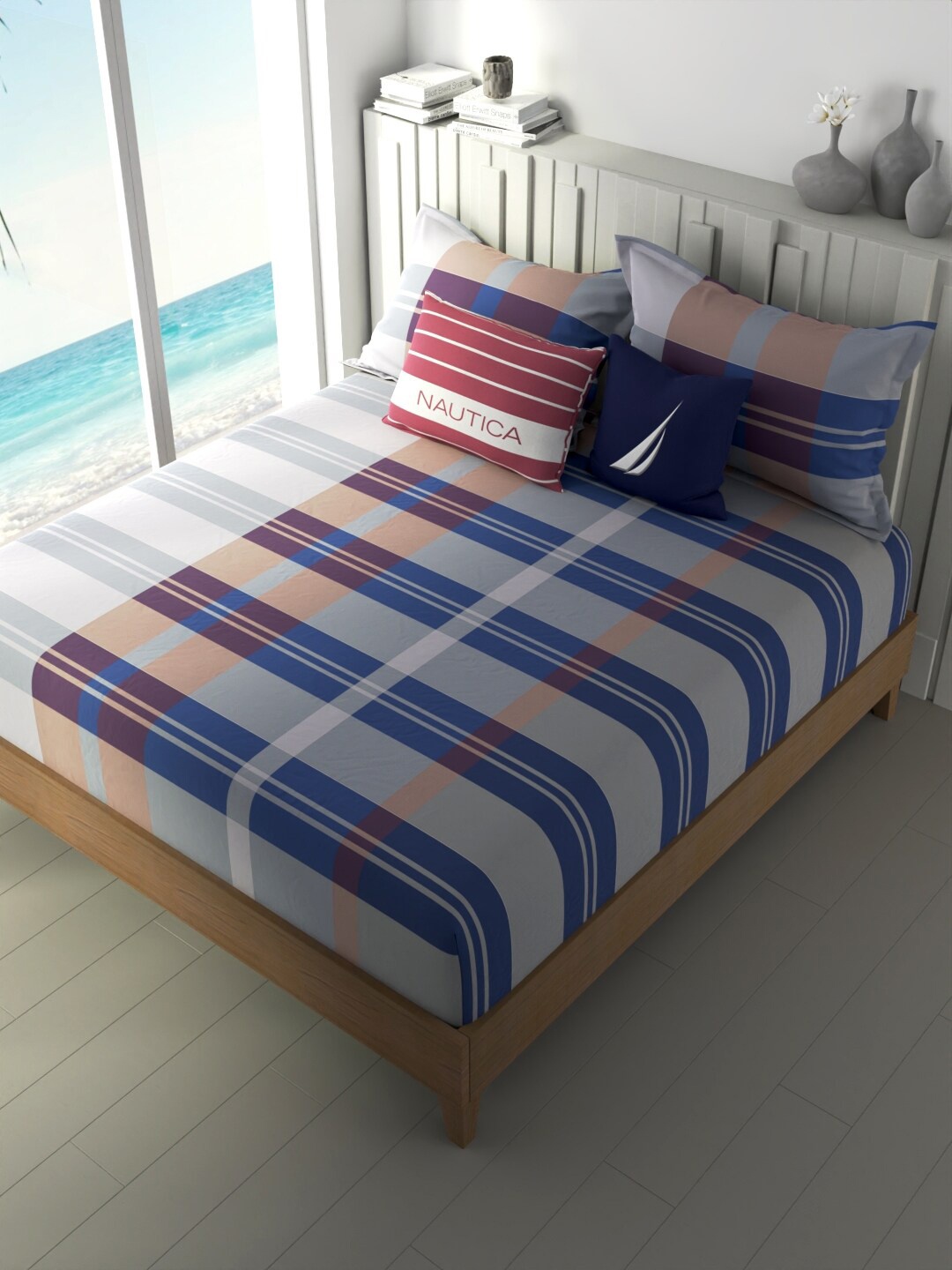 

Nautica Ocean View Blue Striped Cotton 160 TC Fitted King Bedsheet & 2 Pillow Covers