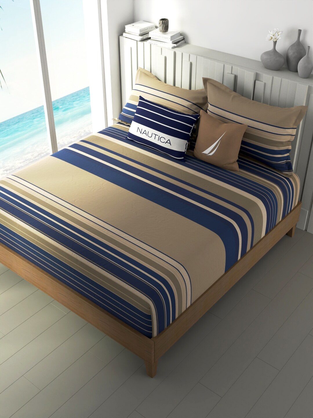 

Nautica Ocean View Blue & Beige Striped Cotton 160 TC King Bedsheet with 2 Pillow Covers