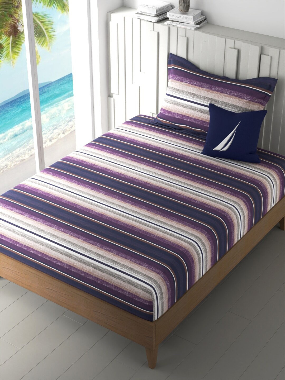 

Nautica Ocean View Purple & White Striped Cotton 160 TC Single Bedsheet & 1 Pillow Cover