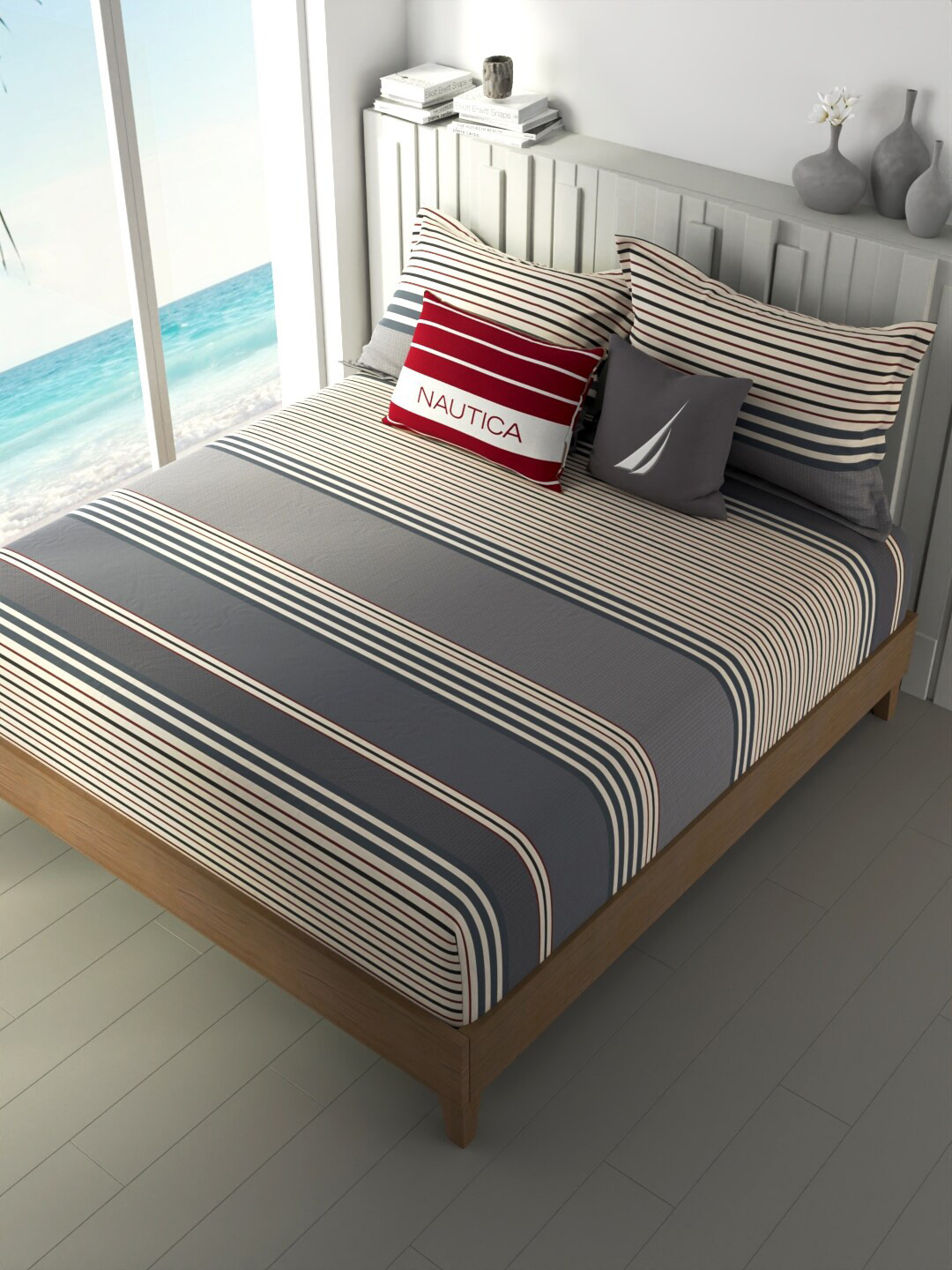

Nautica Grey & White Striped Pure Cotton 160 TC Fitted King Bedsheet with 2 Pillow Covers