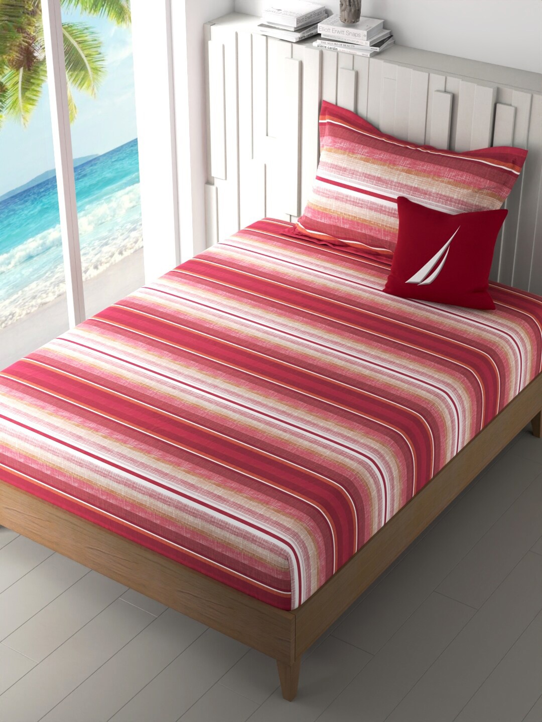 

Nautica Ocean View Orange & White Pure Cotton 160 TC Single Bedsheet with 1 Pillow Cover