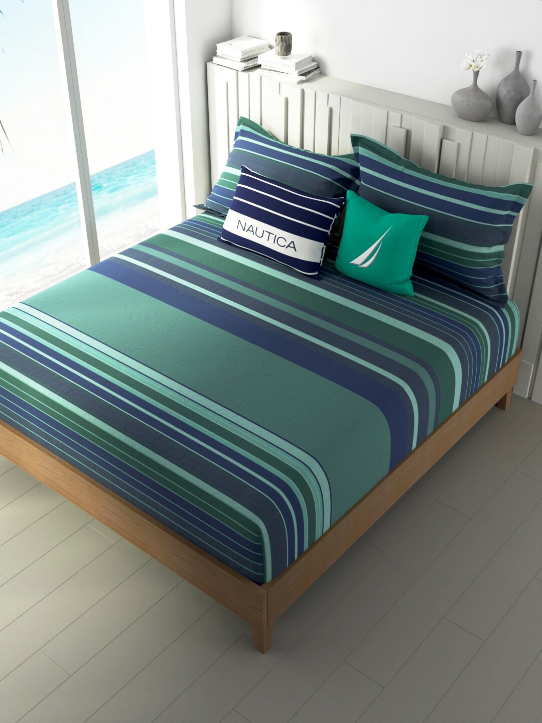 

Nautica Ocean View Blue & Green Striped Cotton 160 TC King Bedsheet with 2 Pillow Covers