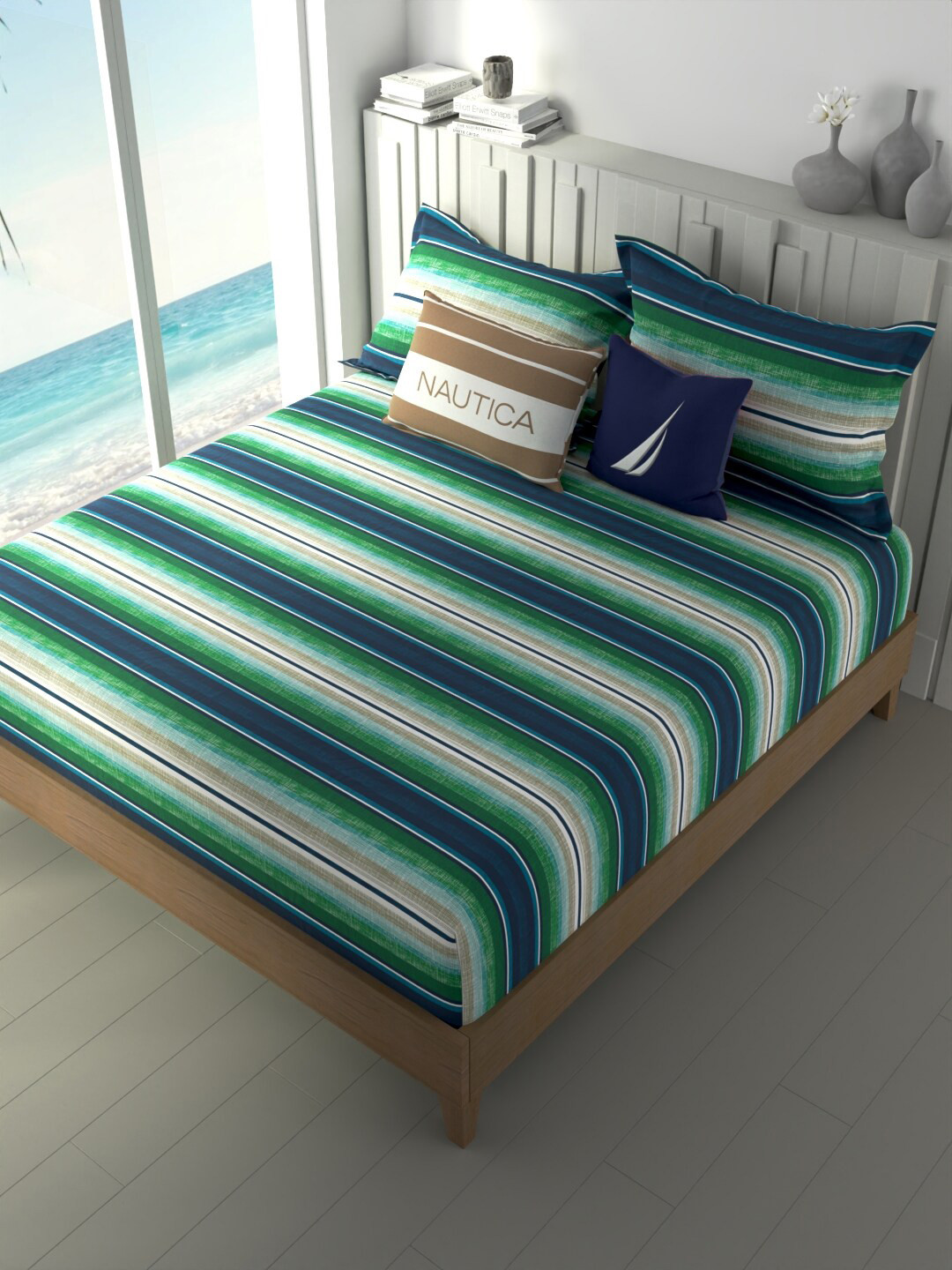 

Nautica Blue & Green Striped Pure Cotton 160 TC Fitted King Bedsheet With 2 Pillow Covers