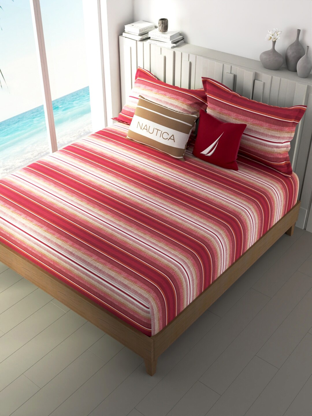 

Nautica Ocean View Orange & White Striped Cotton 160 TC King Bedsheet with 2 Pillow Covers