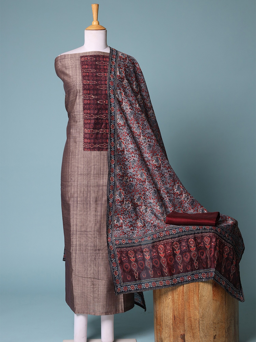 

ZARI Ethnic Motifs Printed Embroidered Unstitched Dress Material, Brown
