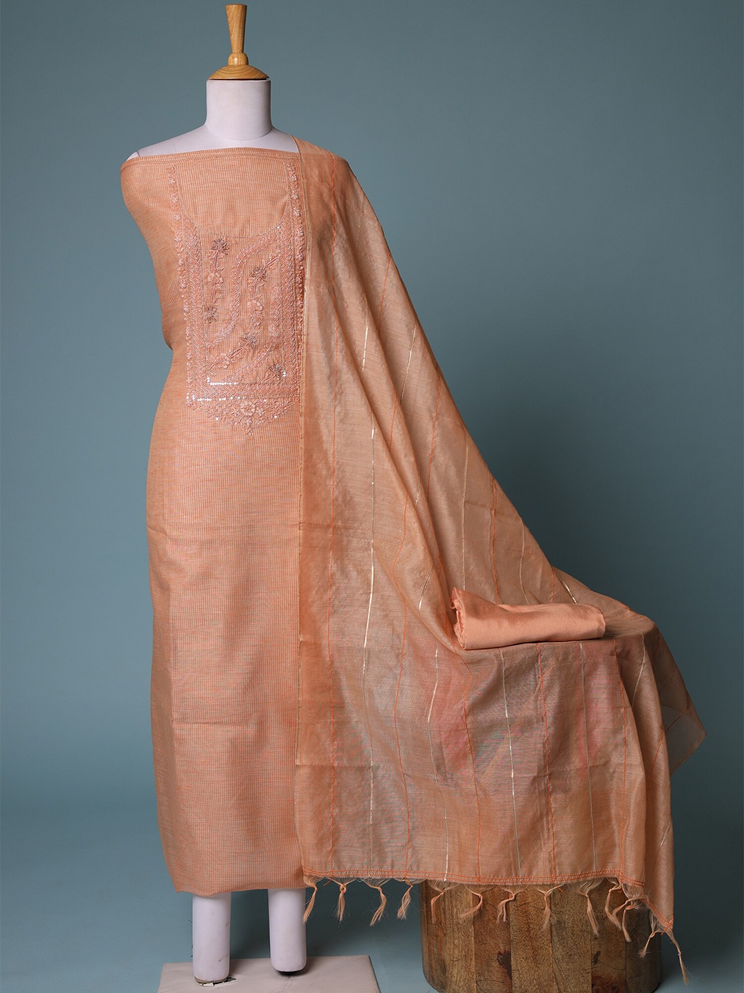 

ZARI Peach-Coloured Woven Design Beads and Stones Pure Cotton Unstitched Dress Material