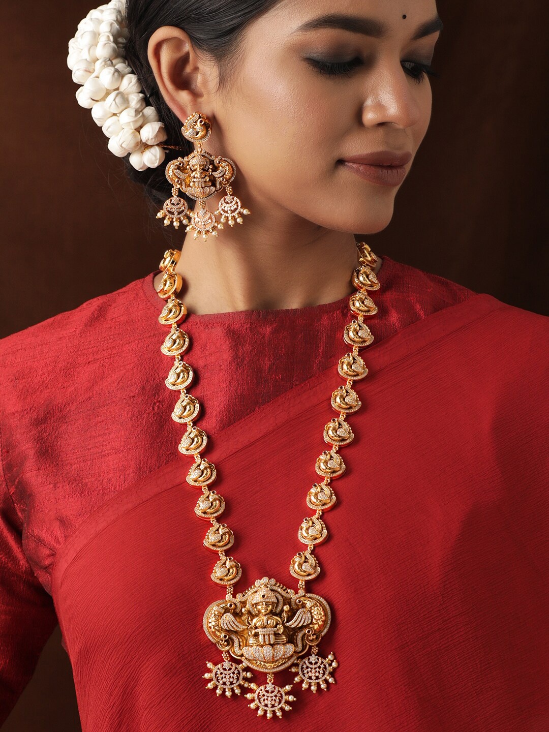 

Rubans 24K Gold-Plated Handcrafted Lakshmi Goddess Motif & CZ Studded Temple Necklace Set