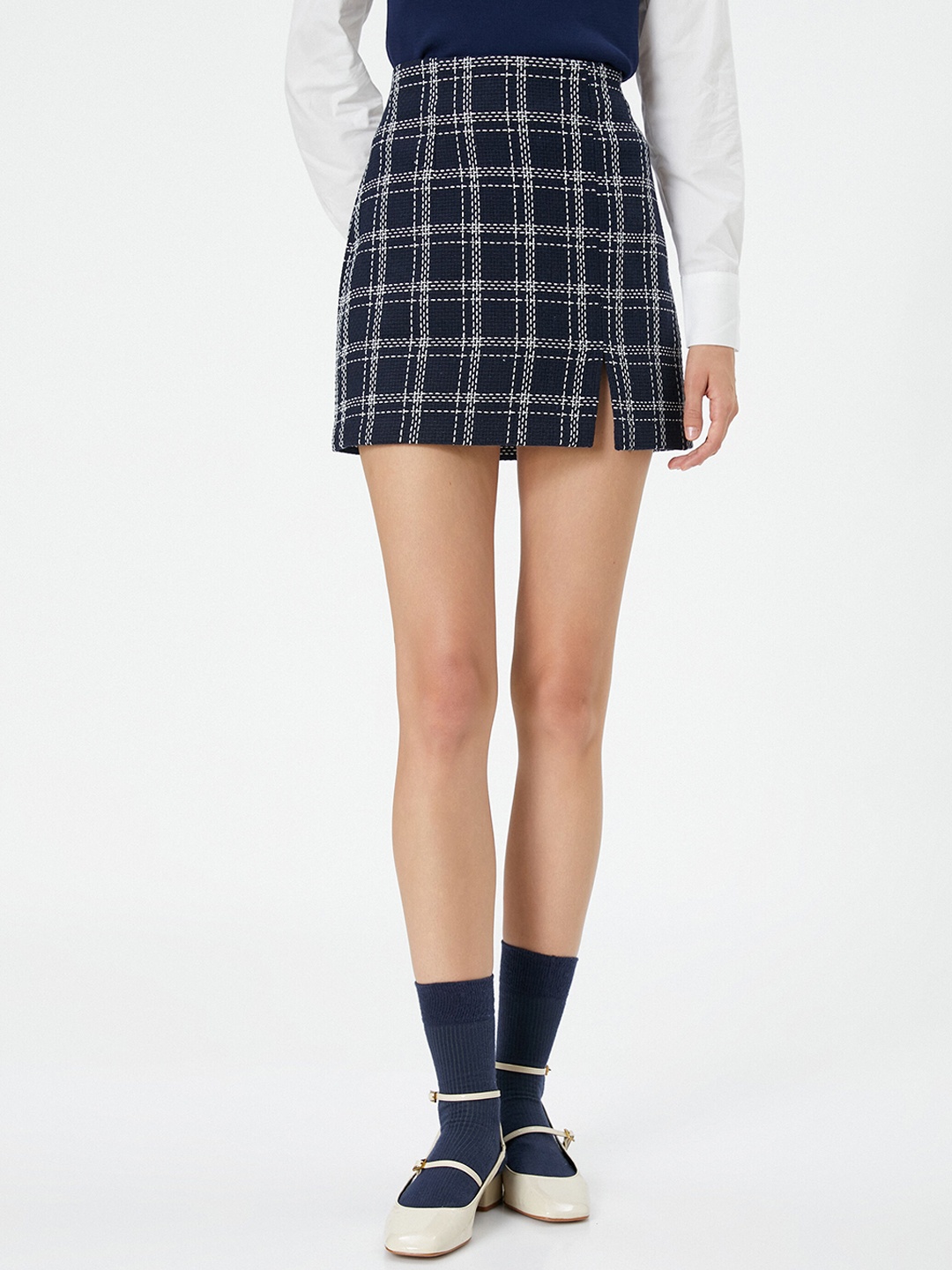 

Koton Checked A-Line Mini Skirt, Navy blue