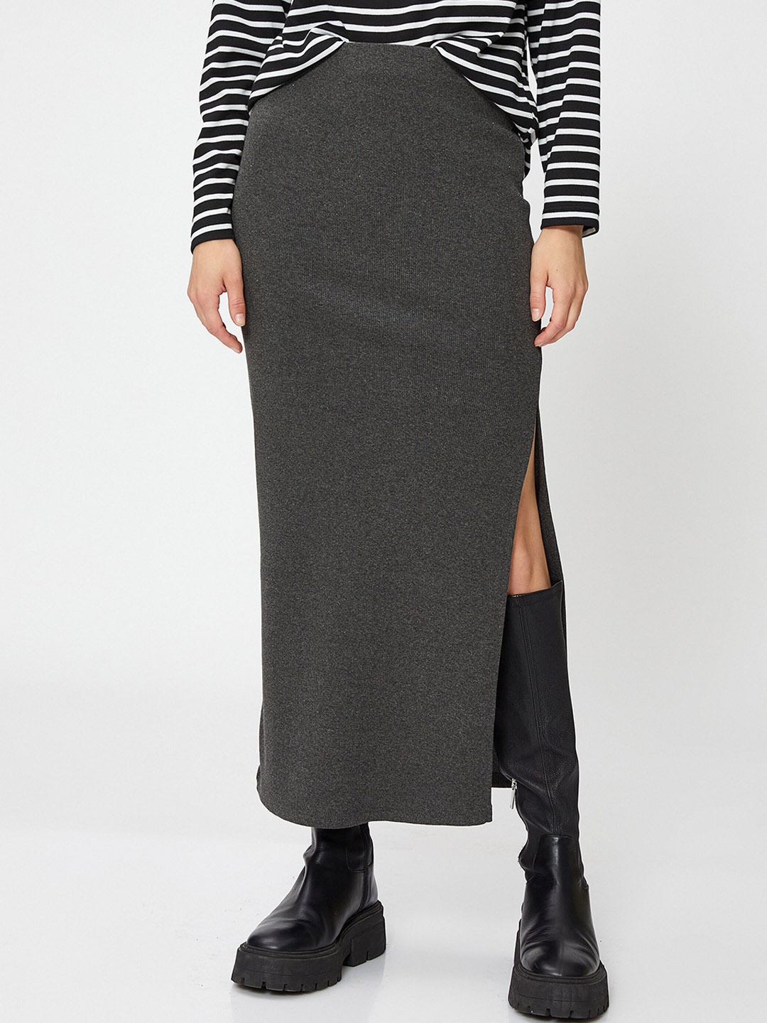 

Koton Slit Straight Midi Skirt, Grey