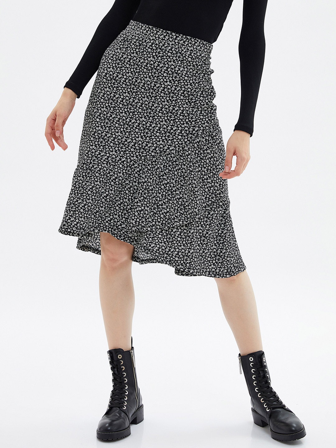 

Koton Floral Printed Monochrome A Line Skirt, Black