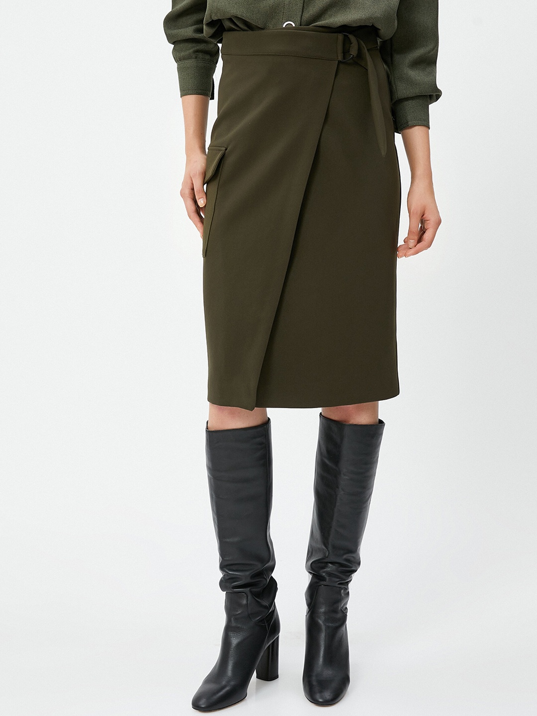 

Koton Solid Tie-Up Midi Skirt, Olive