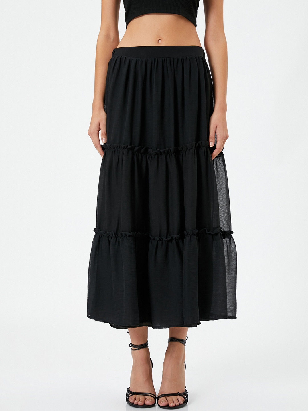 

Koton Tiered Flared Midi Skirt, Black