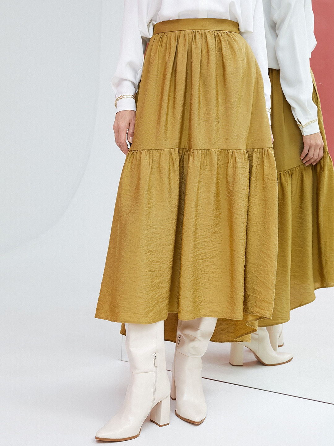 

Koton High-Low Hemline Tiered Midi Skirt, Mustard
