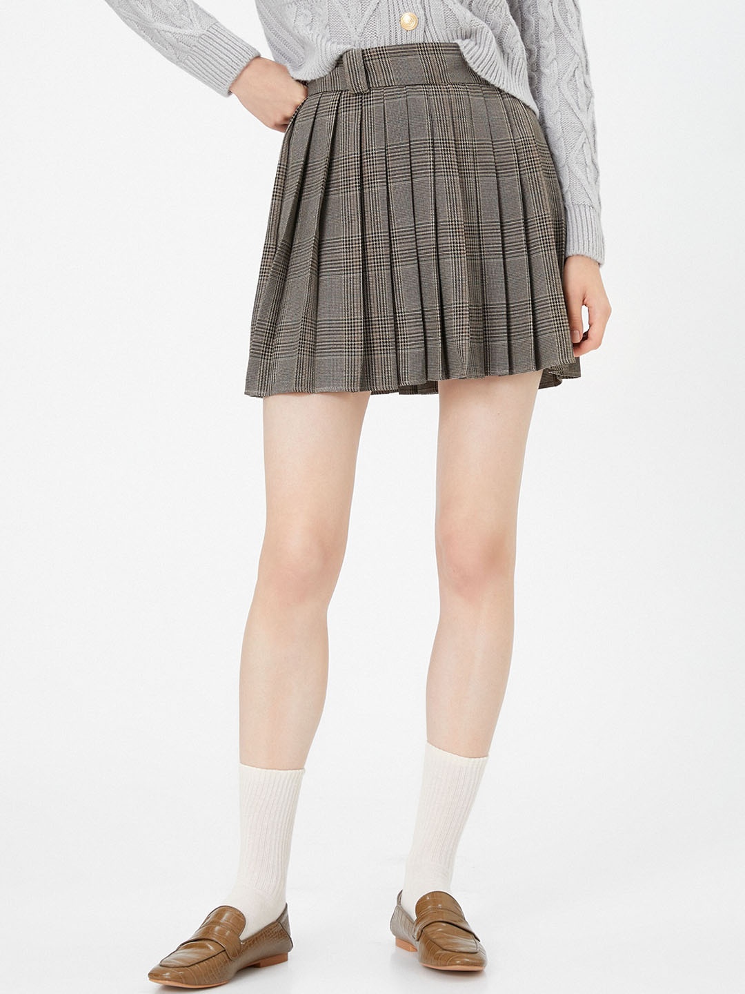 

Koton Checked Gathered or Pleated A-Line Mini Skirt, Brown