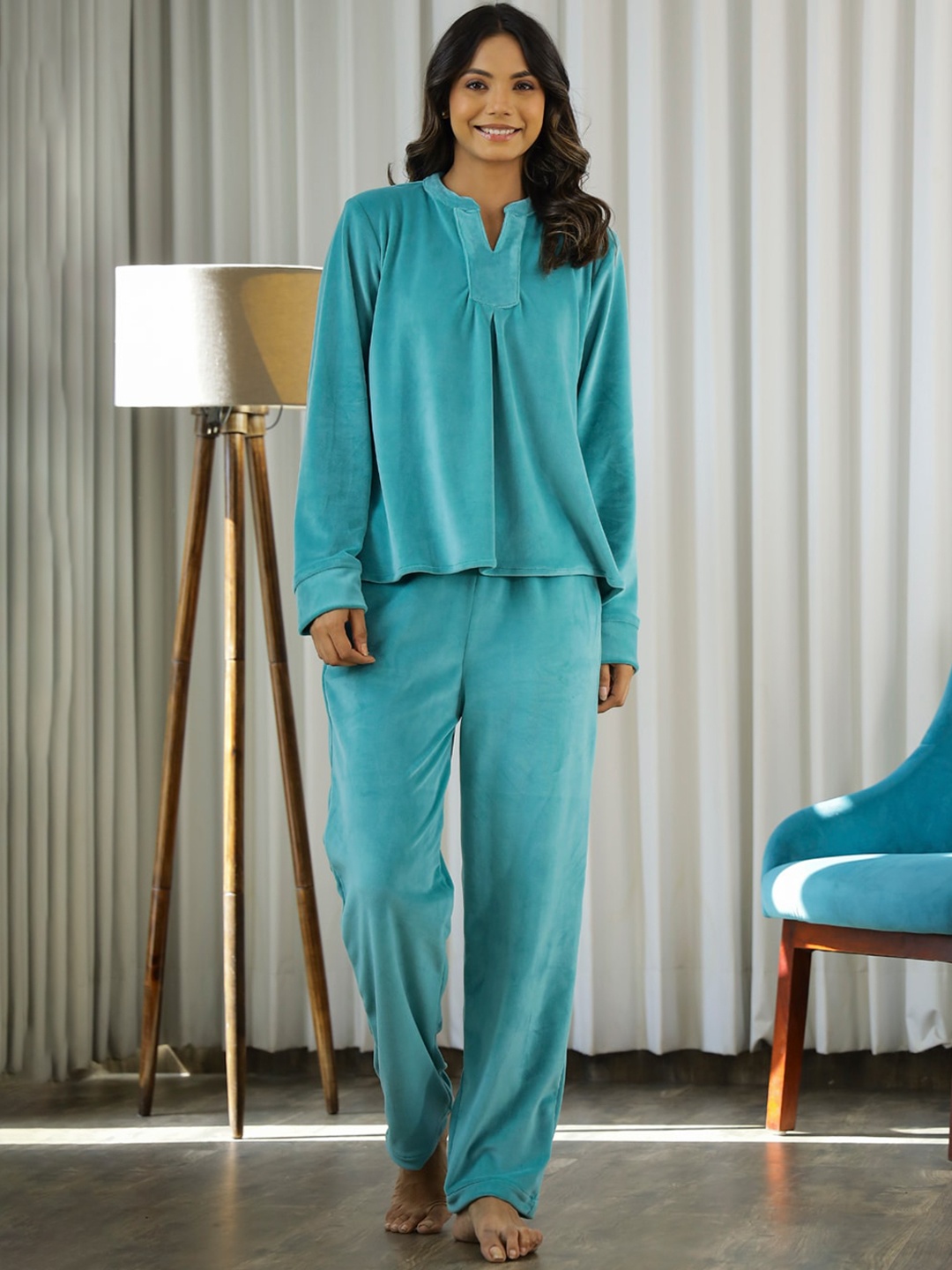 

SANSKRUTIHOMES Mandarin Collar Night suit, Sea green