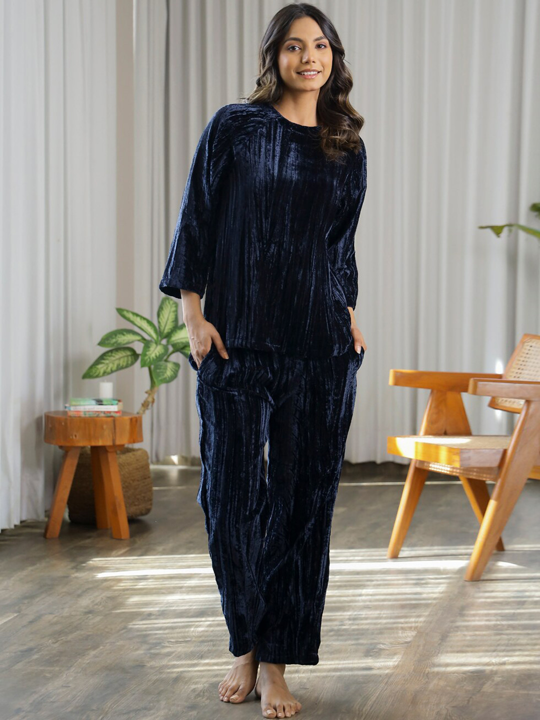 

SANSKRUTIHOMES Self Design Night suit, Navy blue