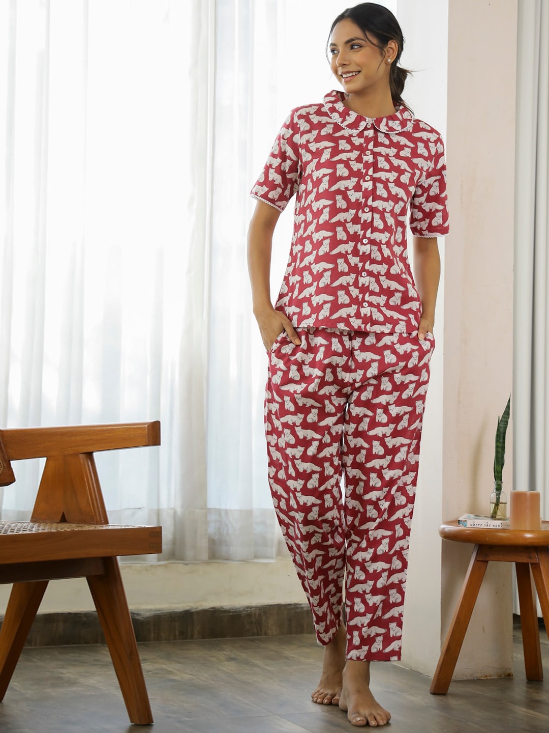 

SANSKRUTIHOMES Conversational Printed Pure Cotton Night suit, Magenta