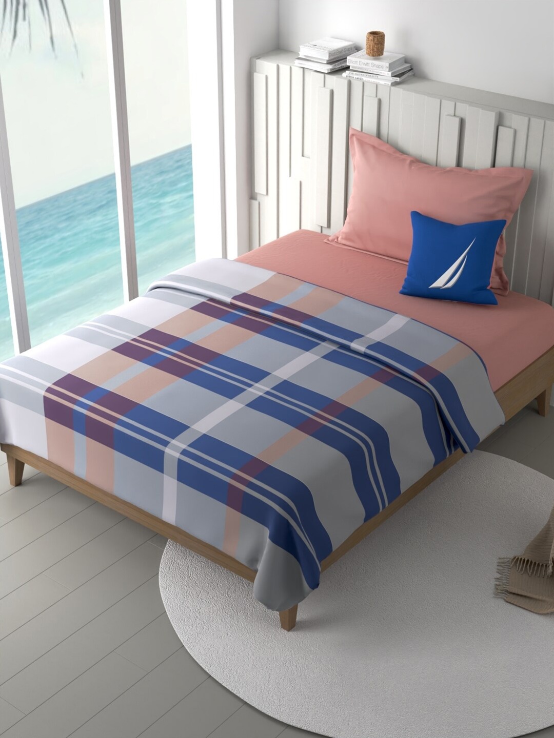 

Nautica Blue & Grey Checked Cotton AC Room Double Bed Dohar