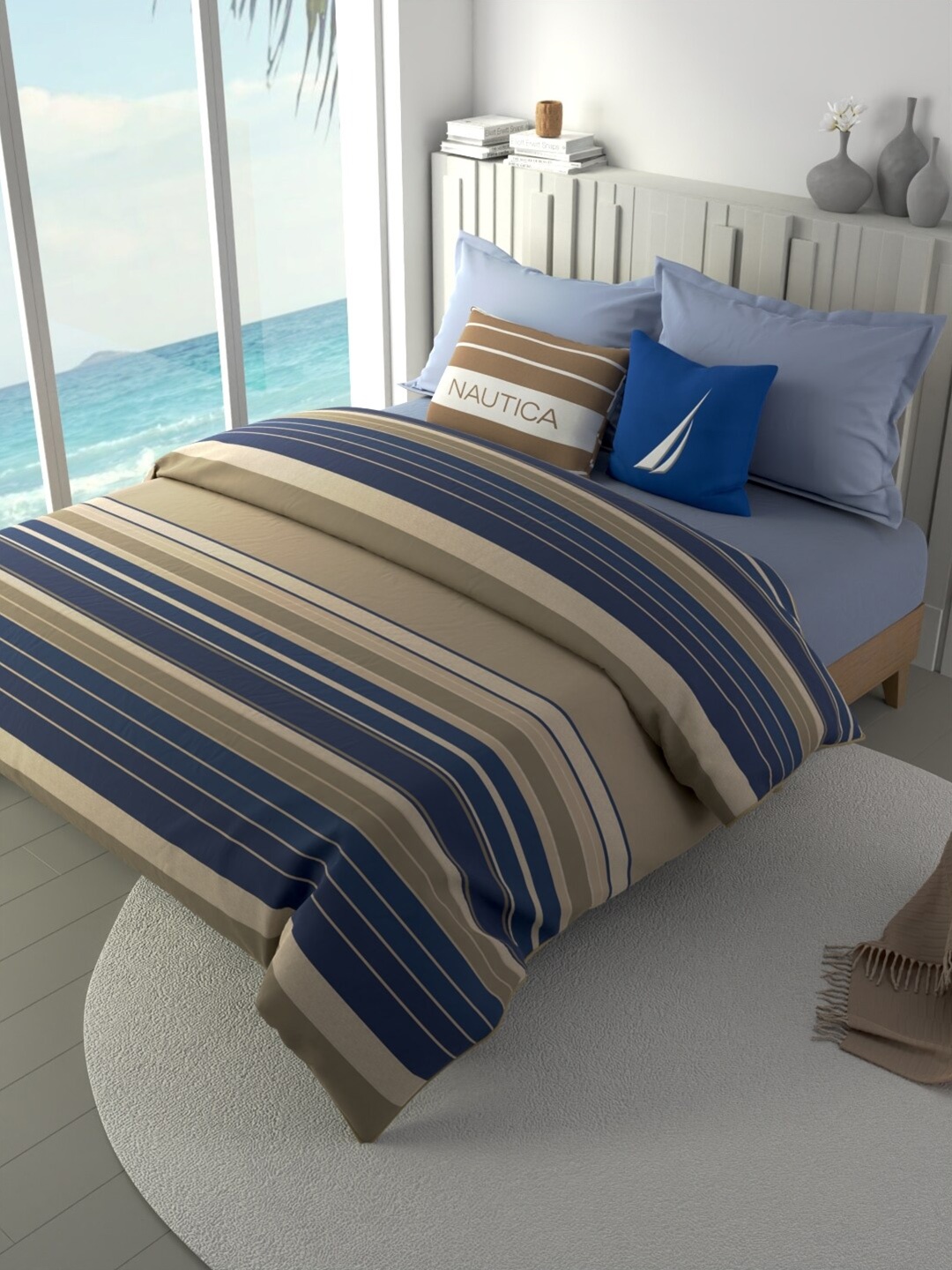 

Nautica Ocean View Brown & Blue Striped Pure Cotton AC Room 180 GSM Double Bed Comforter