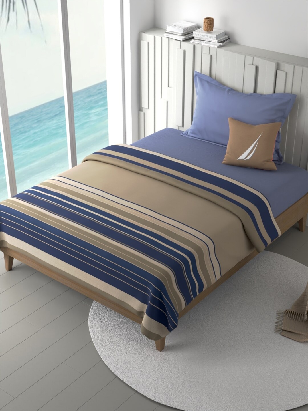 

Nautica Ocean View Tan & Blue Striped Pure Cotton AC Room 180 GSM Single Bed Dohar