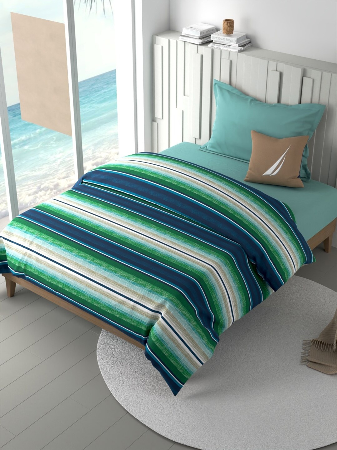 

Nautica Ocean View Blue & Green Striped Pure Cotton 180 GSM AC Room Single Bed Comforter