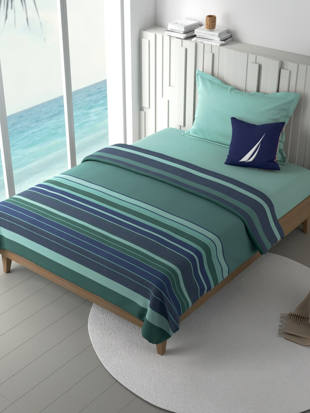 

Nautica Ocean View Blue & Green Striped AC Room Cotton Single Bed Dohar