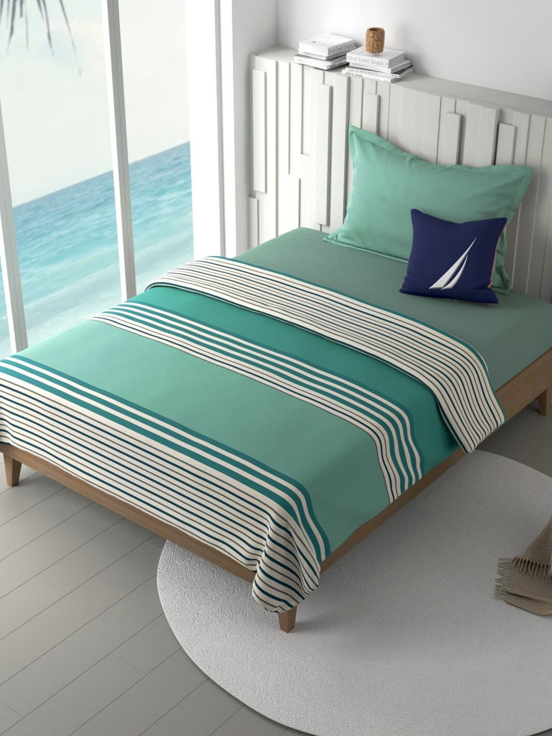 

Nautica Ocean View Green & White Striped AC Room Cotton Single Bed Dohar