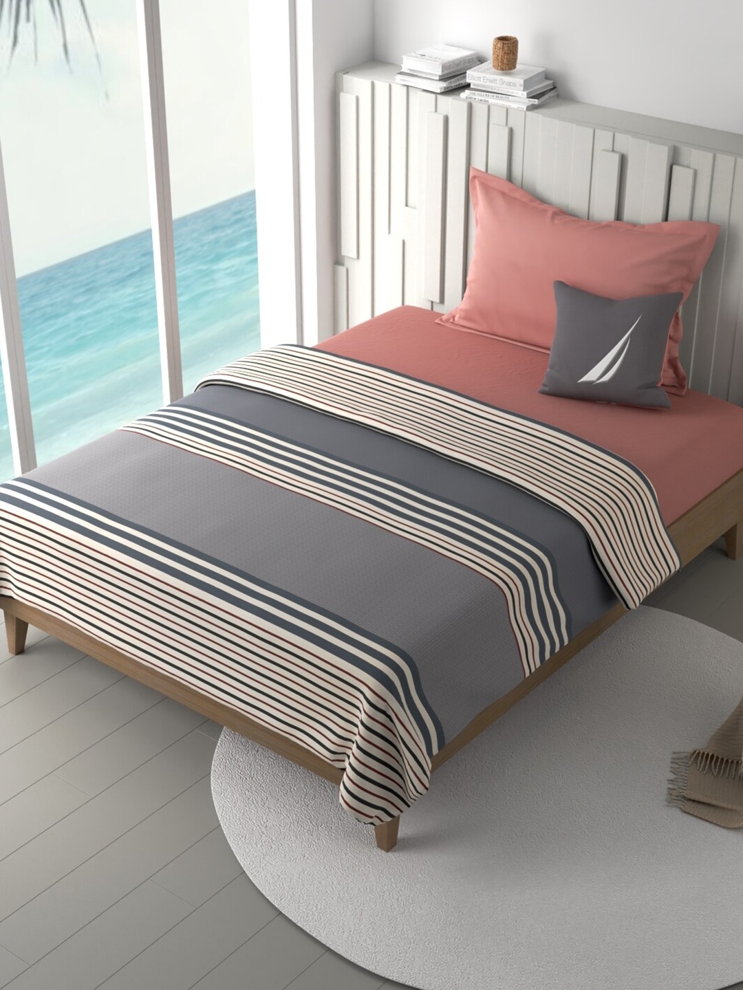 

Nautica Ocean View Grey & White Striped AC Room Cotton Double Bed Dohar