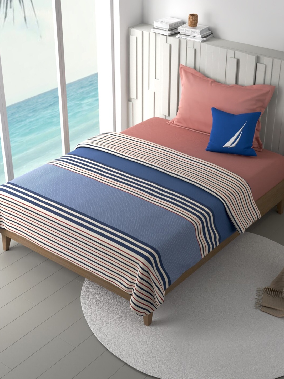 

Nautica Blue & White Striped 180 GSM Pure Cotton AC Room Single Bed Dohar