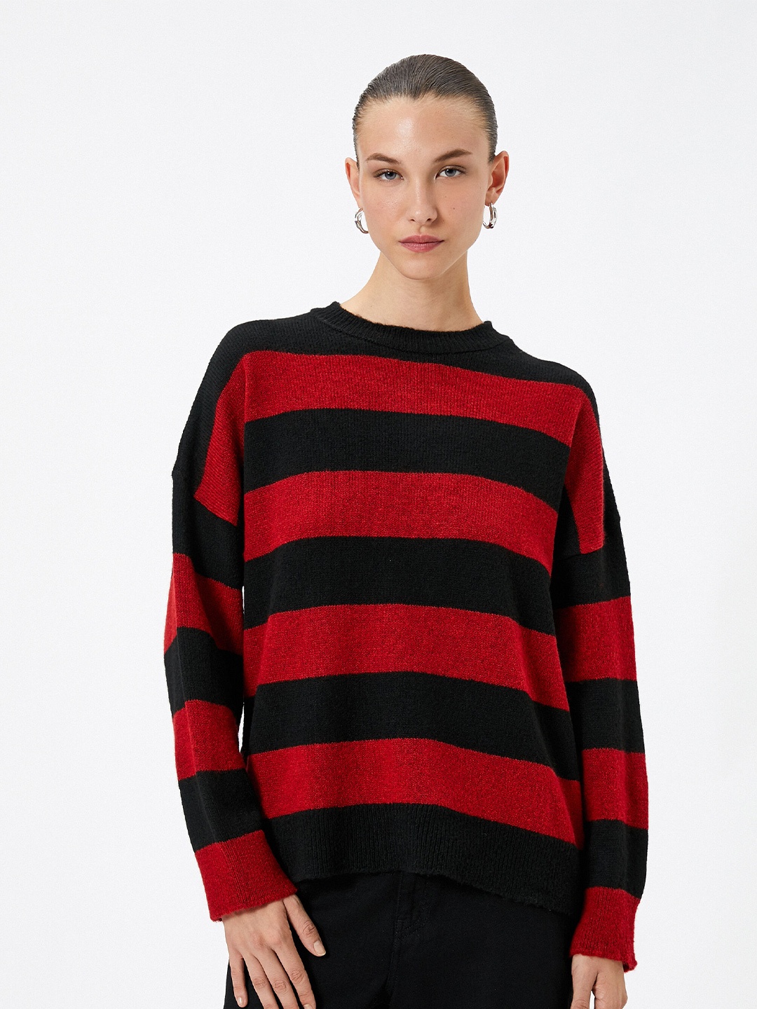 

Koton Striped Round Neck Pullover, Black