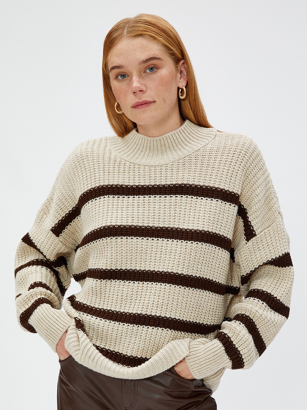 

Koton Striped Acrylic Mock Collar Pullover Sweaters, Brown